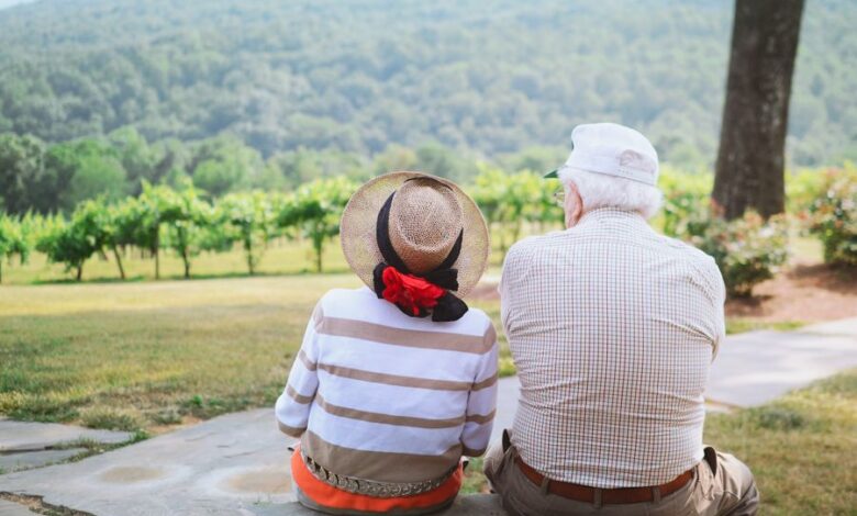 photo of a senior couple sitting on a bench