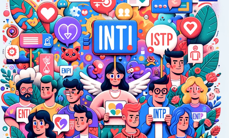 DALL·E 2023 12 11 17.19.56 A colorful and engaging illustration for a blog post about the Myers Briggs Type Indicator MBTI in a dating app context. The image features a divers
