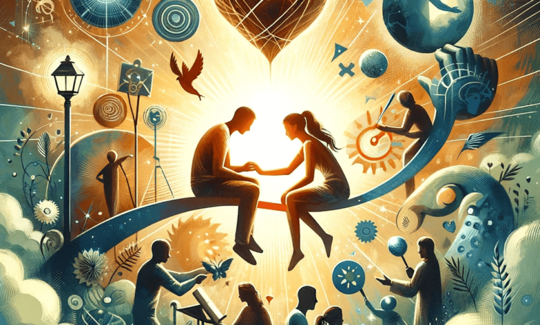 DALL·E 2023 12 27 17.15.20 A conceptual illustration representing solutions and reconnection in a relationship. The image should depict a couple engaging in positive activities 3